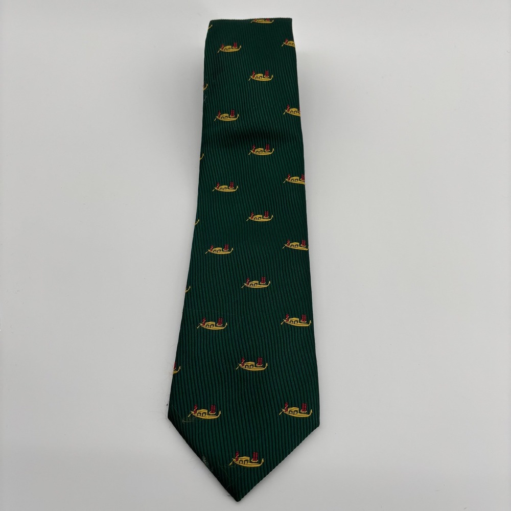 Il Trifoglio D'Oro Italy Silk Tie Green Nautical Gondola Boat Pattern Ribbed